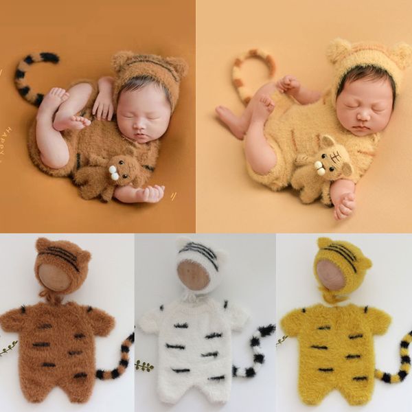 Andenken 1Set geboren Pographie Requisiten Kleidung Tiger Baby Overall Hut Kit Gestrickte Wolle Po Schießen Kostüm Baby Studio Zubehör 230114