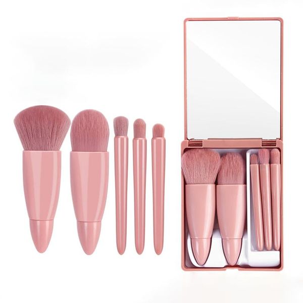 Make-up-Pinsel, 5-teilig, für Rouge, Foundation, Lidschatten, weicher Kunststoffgriff mit Spiegelpinsel-Set, tragbare Schönheitswerkzeuge