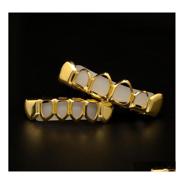 Grills Grillz Dentals Mens Hip Hop dentes Grillz Conjunto 6 topo de baixo para baixo Hollow Smoer Gold Gold para mulheres Rock Fashion Body Jewelry Acces Otf7E