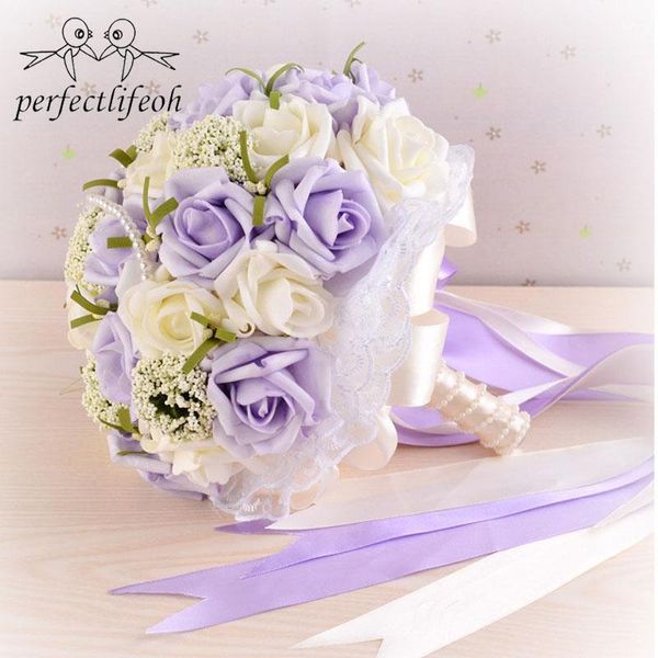 Fiori del matrimonio PerfectLifeoh Bellissimo bouquet viola tutti bouquet di fiori da sposa perle artificiali rose ramos de nolia