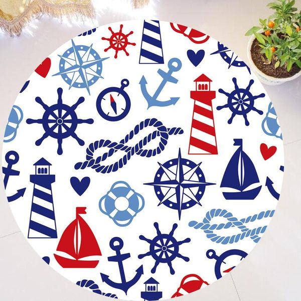 Tappeti Colorato Nautico Blu Navy Ancora Faro Ruota Tappeto Rotondo Per Bambini Soggiorno Sedia Tappeto Tappetino Camera Da Letto Decorazioni Per La CasaCarpa