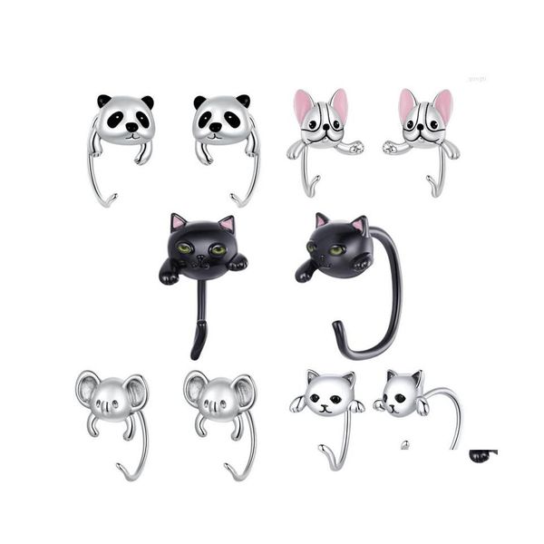 Orecchini per borchie Wostu Real 925 Sterling Sier Black Gold Gat Mini Koala Dog Panda per Women Anniversario di compleanno Gioielli Drop Dropliv Dhksx