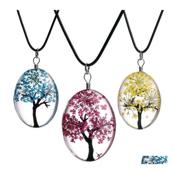 Colares pendentes Moda amostra de flores seca Cabochon Tree of Life Creias de corda de cera para mulheres Dhy Gift Dhset