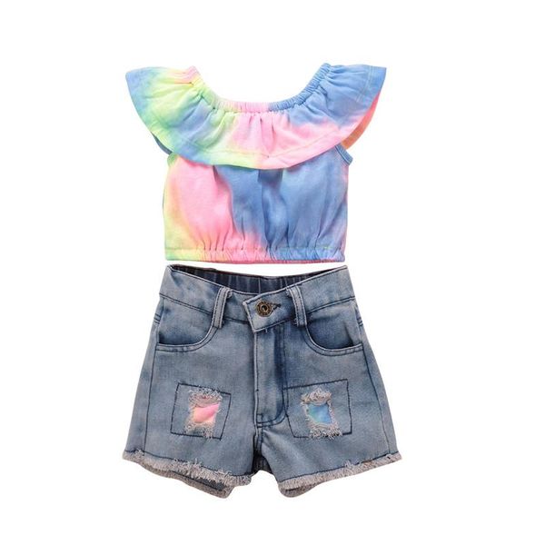 Set di abbigliamento Set di vestiti da ragazza 2 pezzi Set senza maniche con scollo a barchetta arricciato Top corti colorati con jeans strappati per l'estate