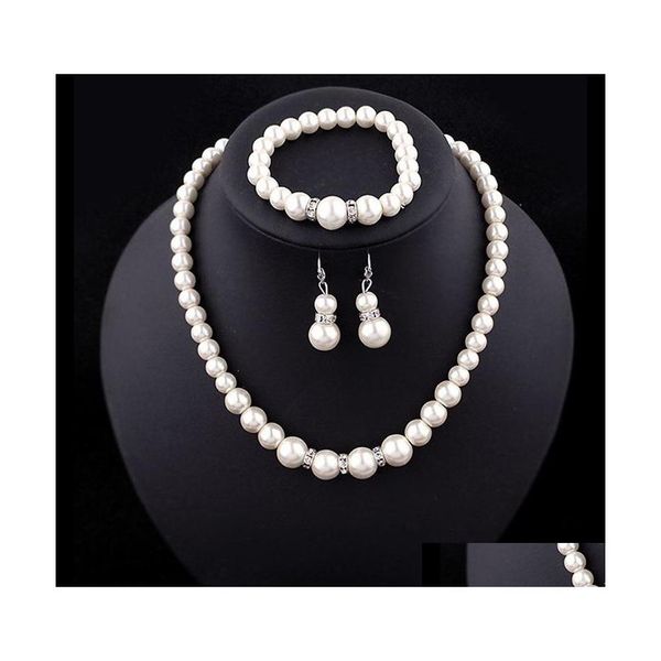 Hochzeit Schmuck Sets Luxus Faux Perle Braut Gefälschte Künstliche Perlen Ketten Halsketten Armband Ohrringe Für Frauen Engagement Drop Deliv Otg4A