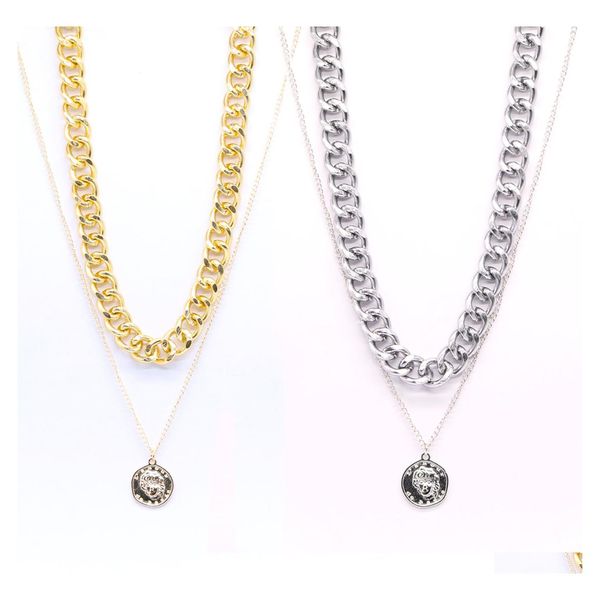 Anhänger Halsketten Koreanische Mode Einteilige Goth Kette Halskette Für Frauen Hip Hop Doublelayer Münze Choker Gold Splitter Farbe Design Je Dhavl