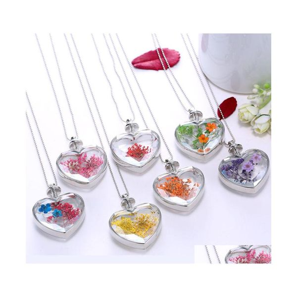 Colares pendentes Moda Flores secas Planta amostra de garrafa de vidro de vidro amor pingente de cora￧￣o para mulheres J￳ias de festas de medalhas entrega dhth2