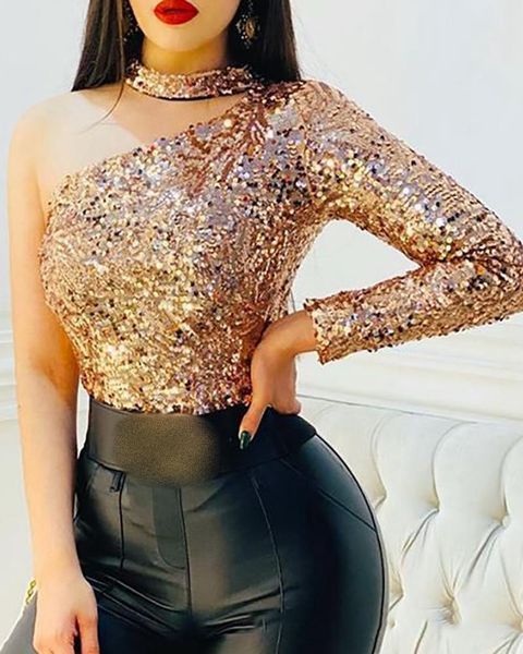 Kadın Tulumları Yükselen Lady Glitter Pullu Bodysuits 2023 Bahar Kadınlar Uzun Kollu Bir Omuz Bodycon Altın Kulübü Partisi Parlak