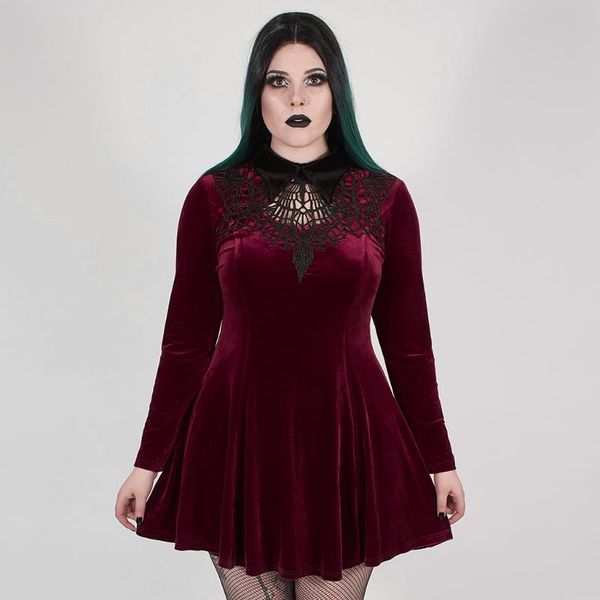 Freizeitkleider PUNKRAVE Damen Gothic Dark Night Vines Kleid Wunderschöne Mode Hohl A-Linie Mercerisierter Samt Langarm