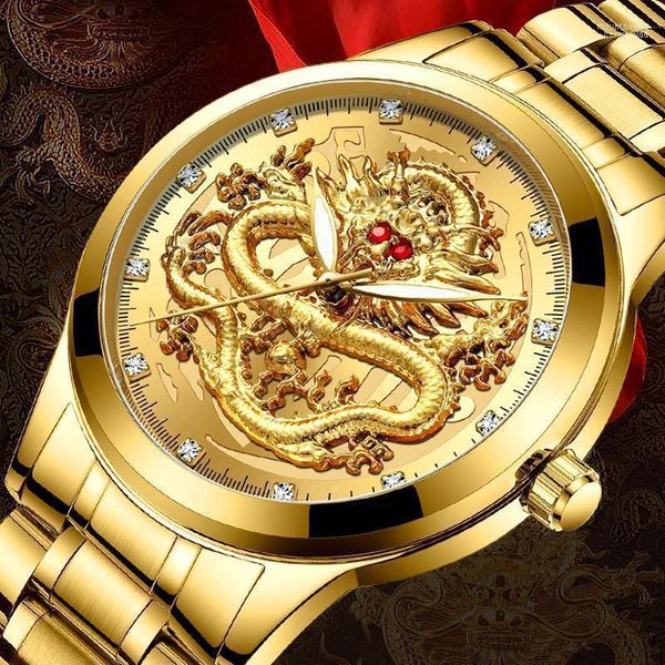 Armbanduhren Goldene Herrenuhren Top Chinesische Drachenuhr Business Voller Stahl Quarzuhr Männlich Relogio Masculino Moun22