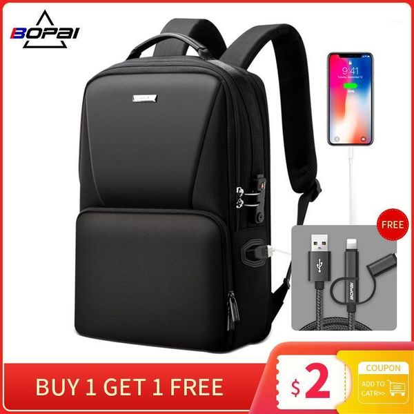 Backpack Bopai à prova d'água bolsa de computador preta aumentou o ajuste de grande capacidade para laptop de 15,6 polegadas