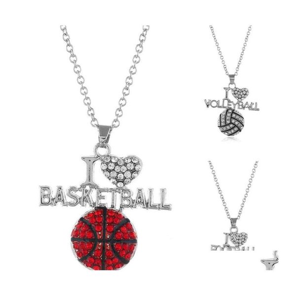 Anhänger Halsketten Ich liebe Basketball Volleyball Fußball für Frauen Kristallkugel Form Rugby Ketten Mode Sport Liebhaber Schmuck Geschenk Otyrv