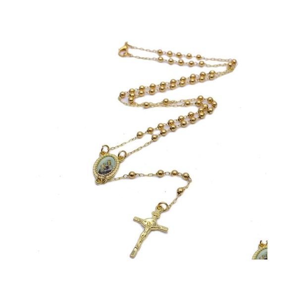 Anhänger Halsketten Religiöse Gebetsperlen Halskette Vergoldet Jesus Kreuz Rosenkranz Schmuck Für Frauen Männer Klassische Lange Ketten Drop Deli Dhyiv