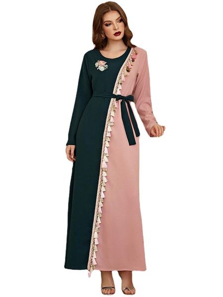 Sıradan elbiseler retro yeşil pembe kontrast renk maxi elbise kadın Eid al-adha çiçek dubai hindi Arap Oman Müslüman Etnik Çöp
