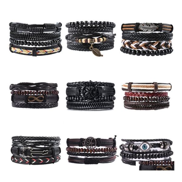 Bracelets de charme mtilayer couro retrô para homens contas 4 pcs conjunto de pulseiras Handmade âncora Infinity Wrap Drop entrega OTGRG