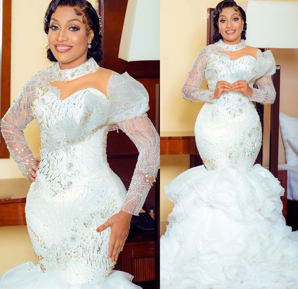 2023 Árabe Aso Ebi Ivory Mermaid Vestido de noiva Luxuoso Cristais de Minchas Lantejous Vestidos de Noiva ZJ155