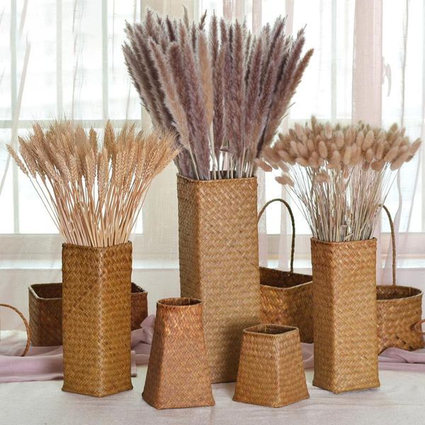 Вазы бамбук для ручной вязаной вязаной вязаной высушенная цветочная ваза декор соломенное горшок гостиная