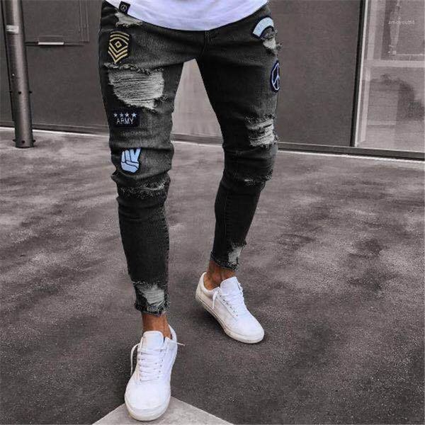 Jeans Masculino Brand Designer Slim Fit Rasgado Masculino Hi-Street Joggers Denim Desgastado Orifícios do Joelho Lavado Destruído