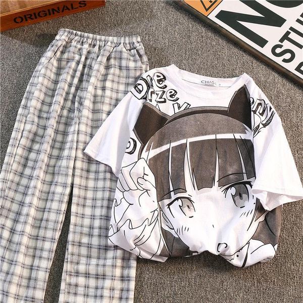 Frauen Zweiteilige Hosen Anime T Shirts Plaid 2-teilige Sets Frauen Harajuku Teenager Mädchen Casual Trainingsanzüge 2023 Sommer japanische Studenten Matchin