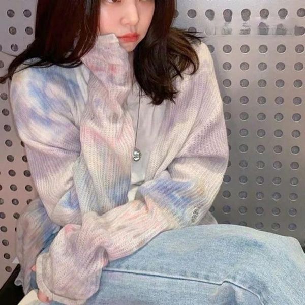 Kadın Örgü Tees Sonbahar Kore tarzı yırtık delik düğmesi Up Kadın Örgü Sweaters 2023 Kış uzun kollu kravat boyası gevşek artı boyutu kadın