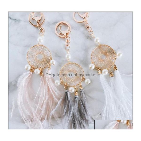 Key Rings Jewelry Pearl Feather Holder Dreamcatcher Pingentents Keychain Keyrings para meninas Mulheres Bola pendurada Fashion Charm DHFR1