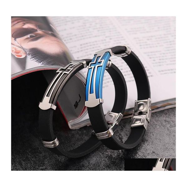 Bracelets de charme Cross Black Sile Wrap para Casal Aço Anterior Sign Cristão Bangle Momen Homens Moda Jóia Droga Droga de Droga Otgyk