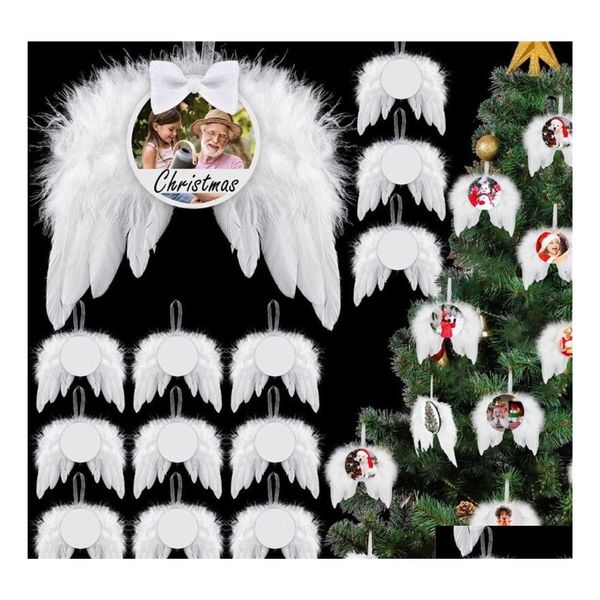 Decorazioni natalizie Ups Trasferimento di calore Ali d'angelo Ornamento Decorazione Piume Ciondolo Rotondo Foglio di alluminio Albero fai da te Etichetta appesa Dh4Ye
