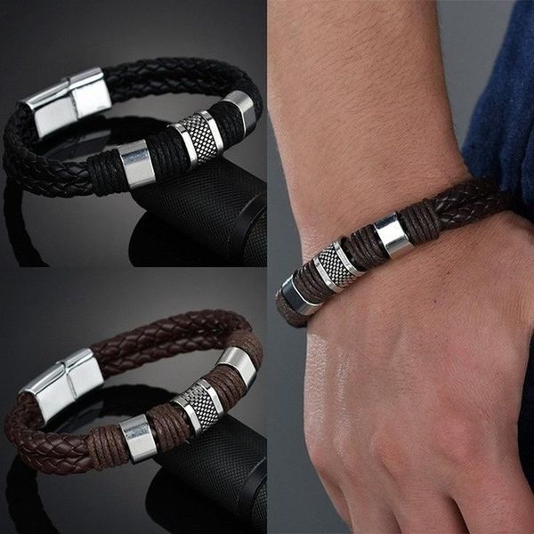 Charm Armbänder Mode Punk Männlich Echtes Leder Armband Für Männer Schwarz Geflochtenes Seil Metall Magnetische Verschluss Armreifen Mann Ehemann SchmuckCharm