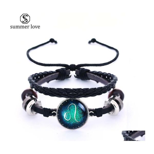 Perlenstränge Mode 12 Konstellationen Geflochtenes Lederarmband Sternzeichen mit Hoop Punk Armreif Armbänder für Männer Jungen Schmuck Dhwxm