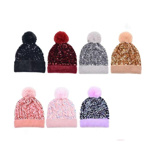 Beanie / Skull Caps Donna Street Paillettes Berretto lavorato a maglia Cappello da donna Palla di pelo Moda Cappelli invernali spessi Berretto di lana Addensato Caldo Detacha Ots1P