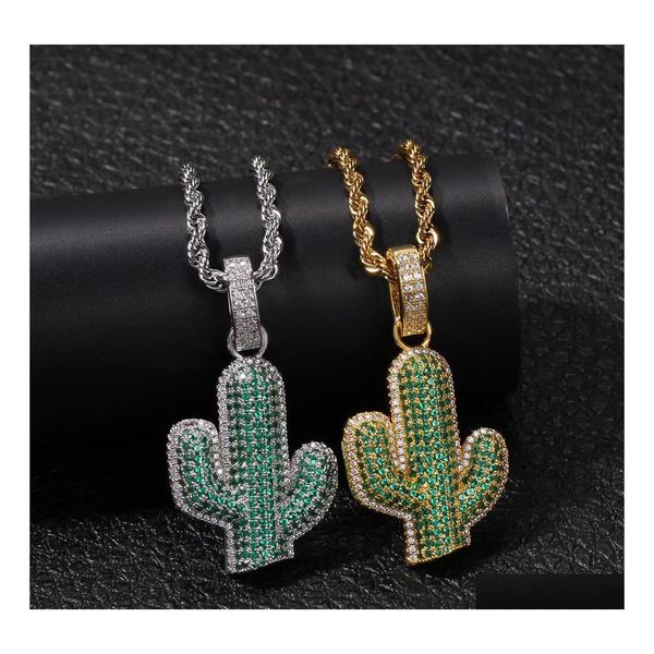 Colares pendentes cactos s￳lidos de hip hop para homens CZ Bling Iced Out Desert Plant Gold Gold Sier Twisted Chain Women Women J￳ias Hiphop Drotosm