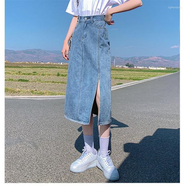 Röcke Damen 2023 Sommer Mode Trend Damen Kleidung Split Hohe Taille Rock Hellblau A-Linie Mittellang Denim