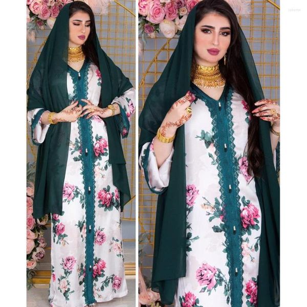 Etnik Giyim Beyaz Çiçek Baskı Hijab Abayas Kadın İslami Uzun Kollu Dubai Kaftan Robe Seksi V-Yok Maxi Elbise Eid Mübarek Giysileri