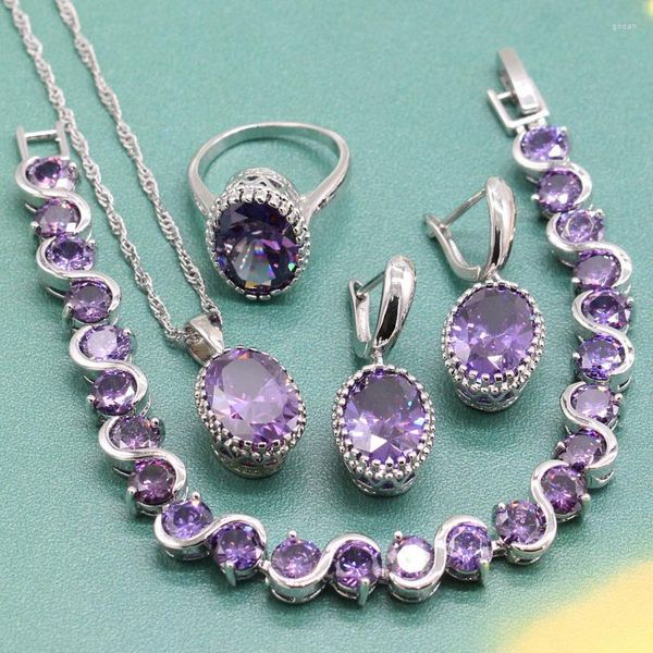 Collana Orecchini Set Donna Argento 925 Set di gioielli per anniversario Royal Purple Zircone Anello con pendente Bracciale Edizione da collezione Confezione gratuita