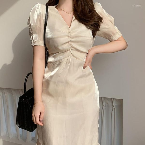 Partykleider Vintage Mode Koreanischen Stil Maxi Kleid Für Frauen Elegante Sommer OL Chiffon Rüschen Solide V-ausschnitt Meerjungfrau Plus Größe
