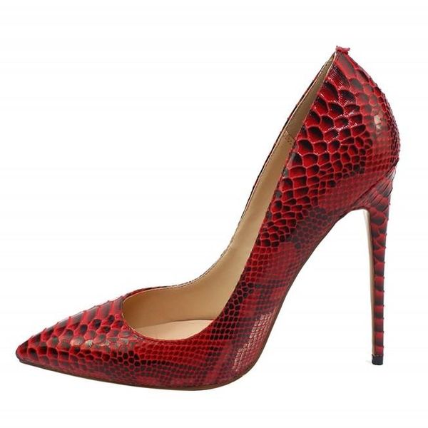 Scarpe eleganti Moda Donna Décolleté in pelle di serpente Grandi dimensioni 34-46 Tacchi alti sottili Nastro rosso Punta a punta Matrimonio sexy C039A