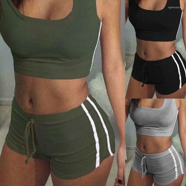 Set attivi Set da yoga da donna sexy Canotta senza maniche da donna Reggiseno Pantaloncini da fitness Corsa Abbigliamento sportivo da palestra Completo nero grigio verde militare