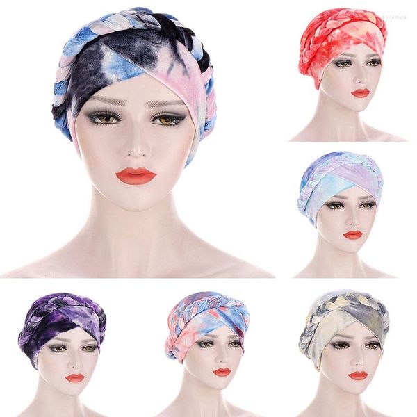 Casas de turbante de trança de roupas étnicas Caps de hijab para mulheres tie-dye headwraps chapéu muçulmano ladies lenço de quimioterapê