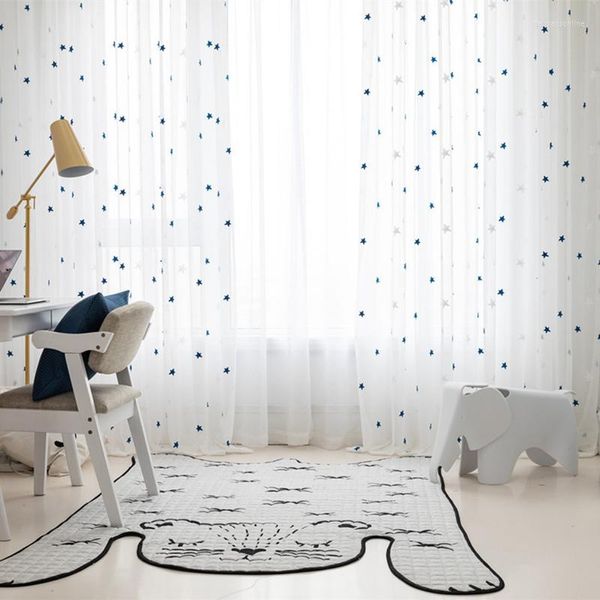 Tenda Tulle Bianco Ricamato Stella Blu Scuro Tende Per La Camera Da Letto Dei Bambini Schermi Per Finestre Velato Soggiorno Cucina Voile Di Lusso