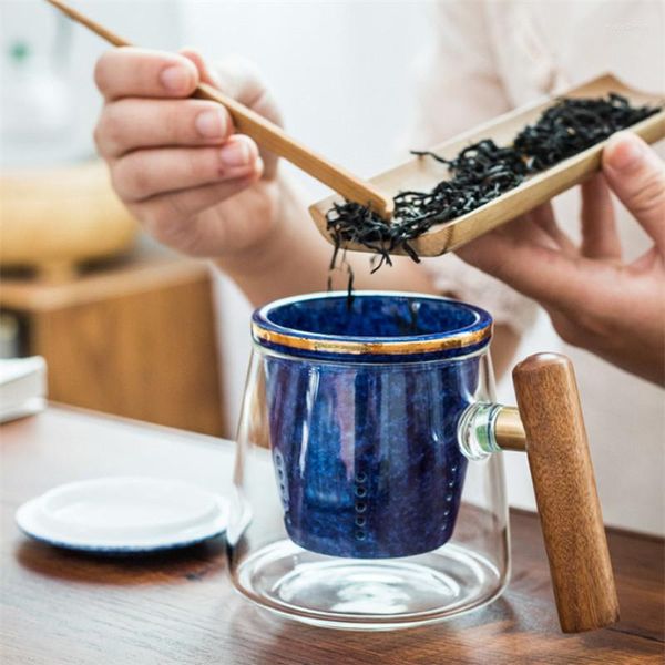 Xícaras pires de chá de vidro resistente ao calor criativo com filtro de cerâmica e filtro de chá de capa Copo Casal casal de caneca de água simples bebidas