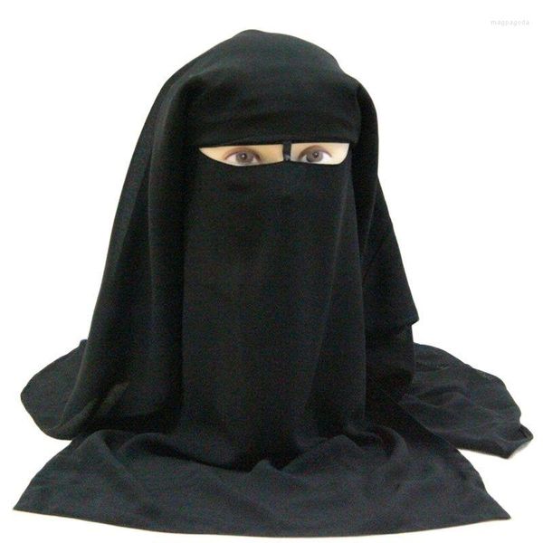 Ethnische Kleidung H225 Hochwertiger muslimischer schwarzer Niqab, dreilagig, Gesichtsbedeckung aus Chiffon-Stoff, zum Anziehen, islamischer Schal, Turban, Hijab mit Bindeband