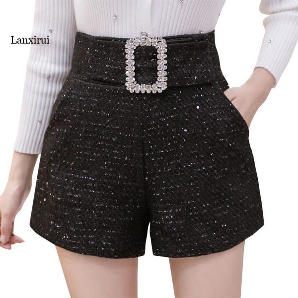 Shorts femininos Moda Rhinestones Tweed Mulheres outono de inverno lantejouno preto feminino glitter diamantes cinto alta femme curto