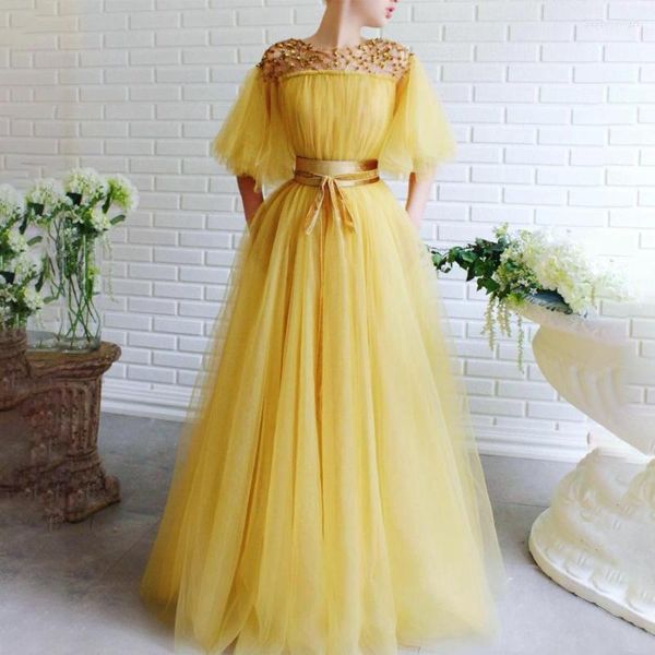 Платья для вечеринок Cap Betterfly Рукава с золотистыми брюшными изделиями A-Line Yellow Prom Dress vestidos de fiesta argos elegantes Гала