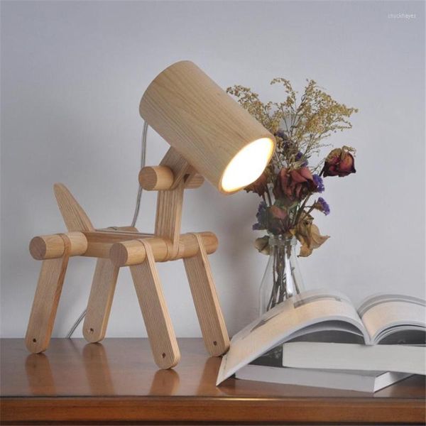 Tischlampen Nordic Holz Hund Stil Lampe Moderne Schlafzimmer Studie Wohnzimmer Art Deco Massivholz Lesen Kinder Licht