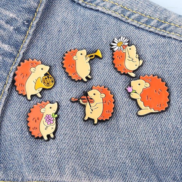 Broschen niedliche Hedgehog Band Emaille Pins Blumen Geigenbeutel Revers Cartoon Badge Rucksack Dekoration Schmuck Kinder Geschenkzubehör