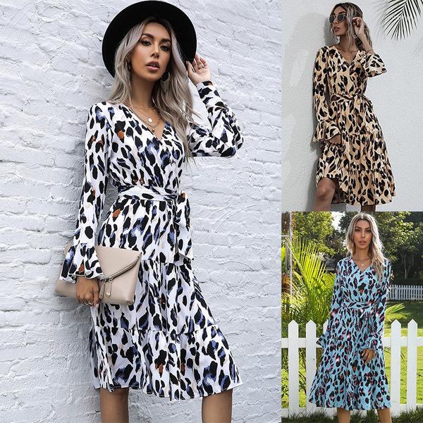 Abiti casual LINCHEN 2023 Abito longuette da donna autunno con polsini con volant manica lunga stampa leopardata moda femminile elegante