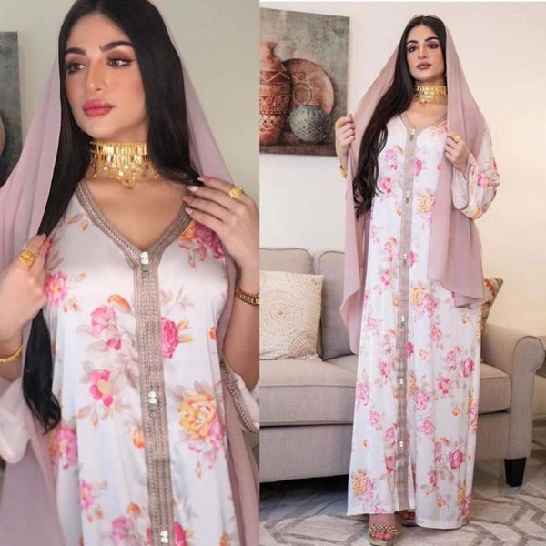 Ethnische Kleidung Rosa Blume Frauen Hijab Abaya Sexy V-Ausschnitt Muslimisches Kleid Langarm Türkei Dubai Kaftan Lässige islamische marokkanische Boubou