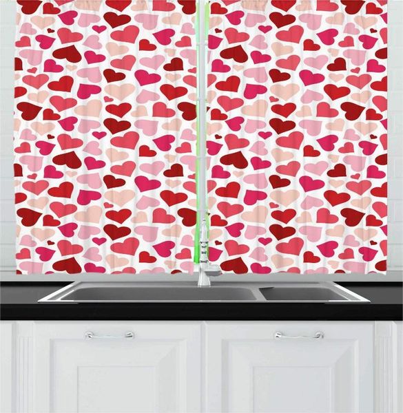 Tenda Vermilion Magenta Peach Tende da cucina romantiche Festa di San Valentino Cuori Toni caldi Design romantico per caffè