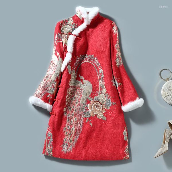 Ethnische Kleidung H.RONG.X Tang 2023Winter Chinesisches Cheongsam-Kleid Traditionelles Retro-Rot Verbessertes Qipao-Baumwollfleece CNY2023 Damenparty