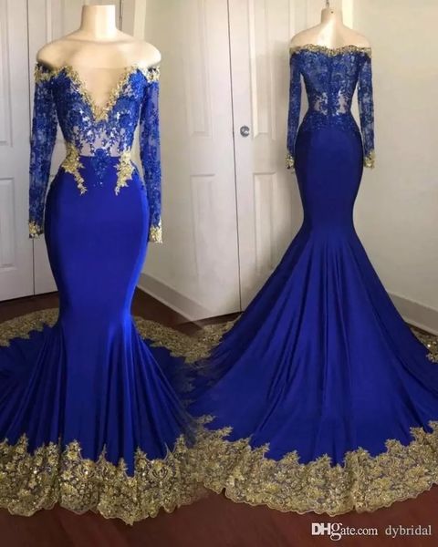 Royal Blue 2023 Meerjungfrau Abendkleider lange Ärmel funkelnd mit goldener Spitzenapplikation von der Schulter Satin Plus Size Falten Prom Kleid formelle kundenspezifische Vestidos